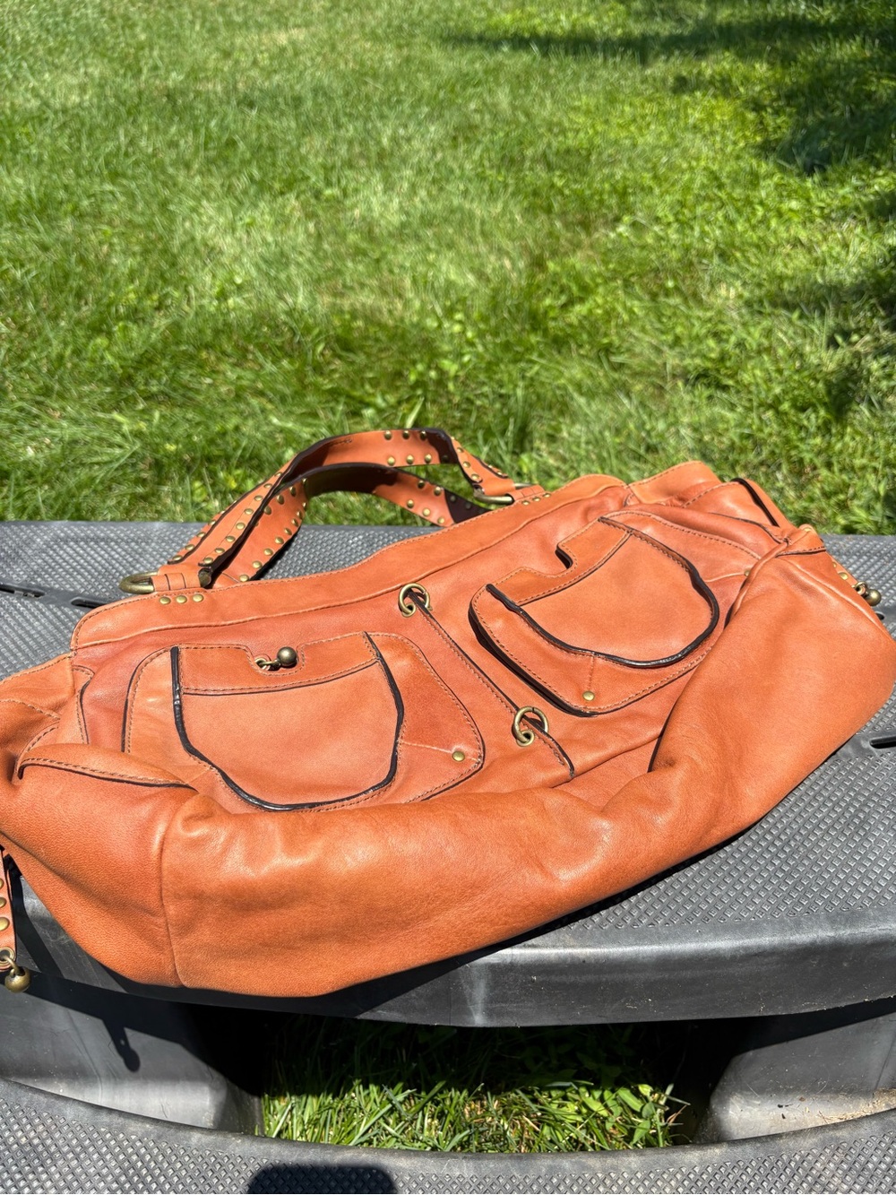Ellen Tracy Cognac Brown Leather Shoulder Bag with Studded Handles